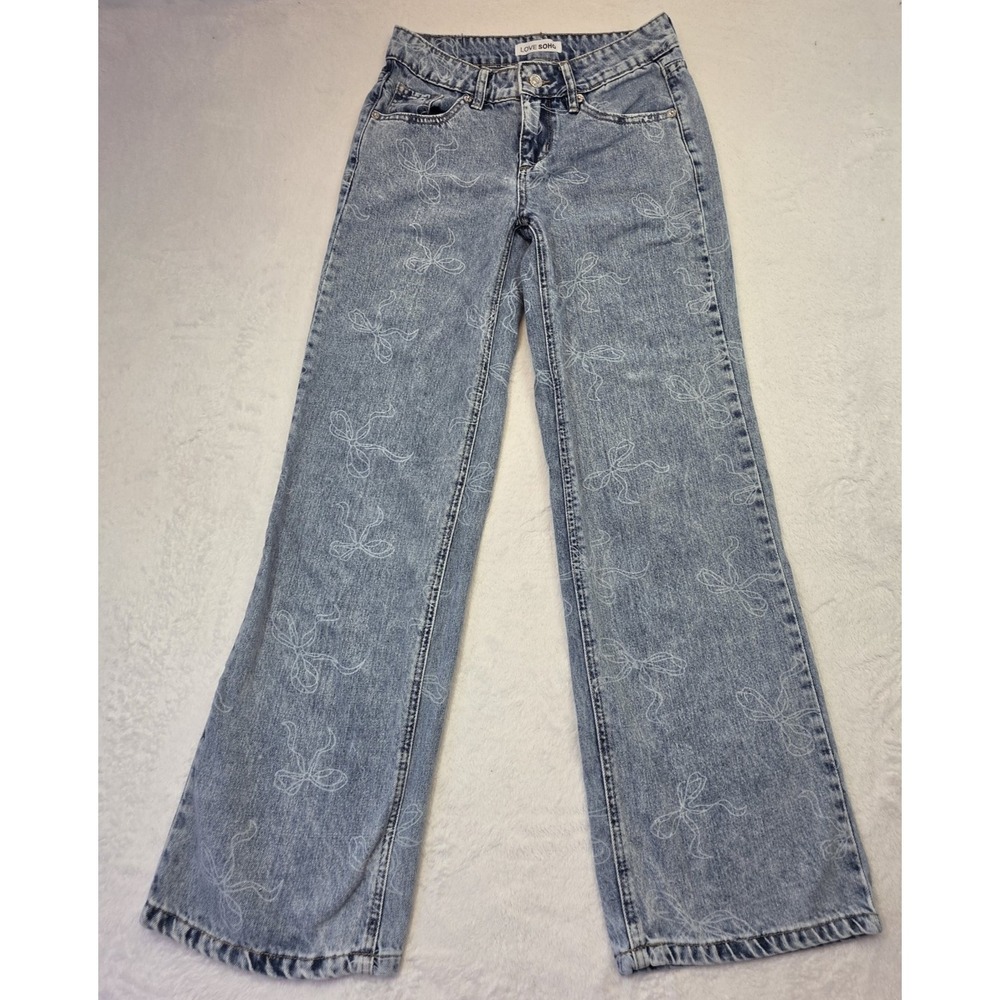 Love Soho Floral Print Wide Leg Jeans Womens Size 0 Light Wash Denim
